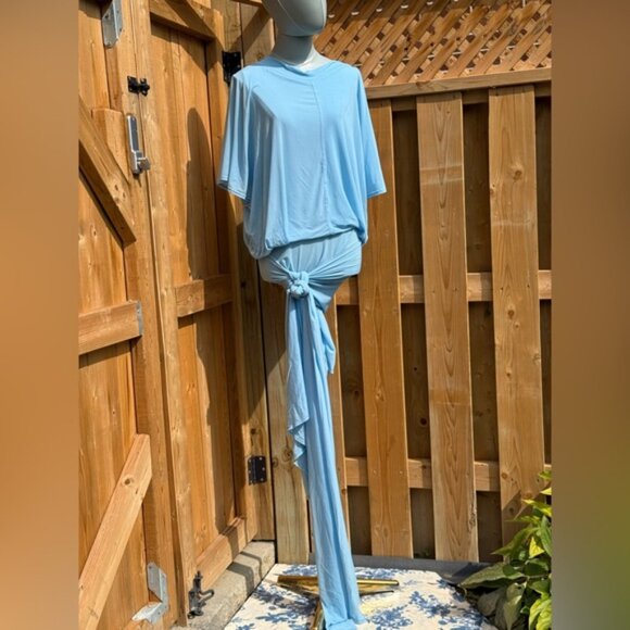 🆕 RAT & BOA 🧿 NWOT Freja Slinky Baby Blue Tie-Waist T-Shirt Mini Dress, Sz L - Picture 4 of 16